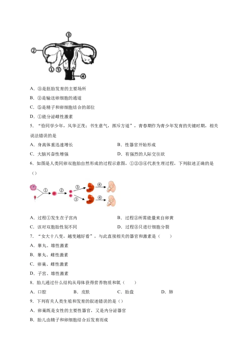 第一单元人的由来（选拔卷）-单元测试（人教版）（原卷版）_初中全科电子版试卷练习试题_生物_生物人教版7下练习_人教生物7年级下单元试卷33份