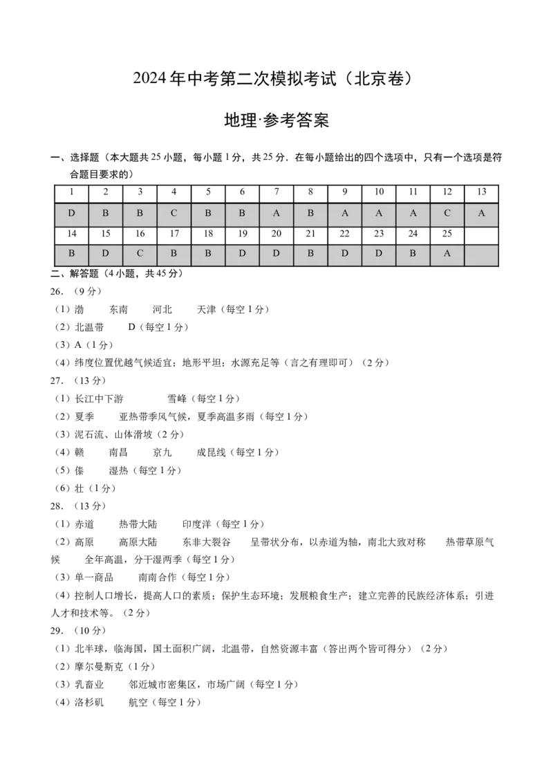 地理（北京卷）（参考答案及评分标准）_初中全科电子版试卷练习试题_地理_2024中考模拟题地理(1)_二模_地理（北京卷）-：2024年中考第二次模拟考试