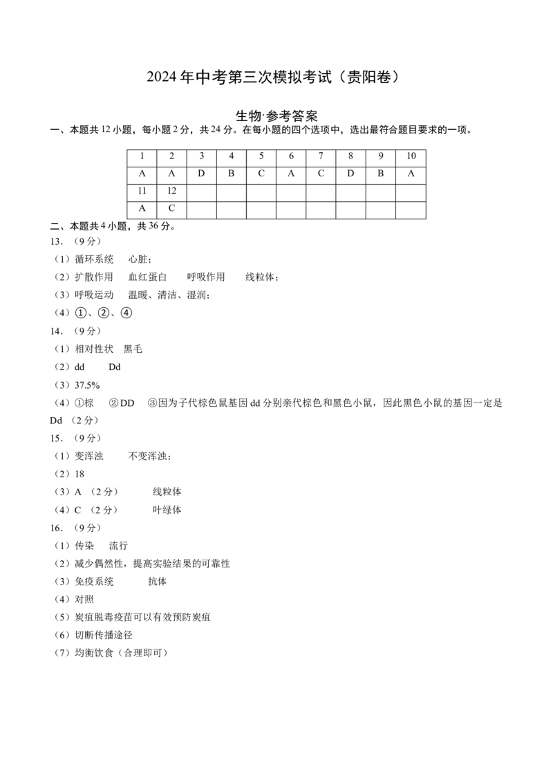 生物（贵阳卷）（参考答案及评分标准）_初中全科电子版试卷练习试题_生物_2024中考模拟题生物(1)_三模（37套）_生物（贵州贵阳卷）