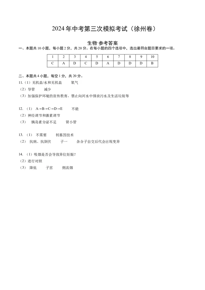 生物（徐州卷）（参考答案及评分标准）_初中全科电子版试卷练习试题_生物_2024中考模拟题生物(1)_三模（37套）_生物（徐州卷）