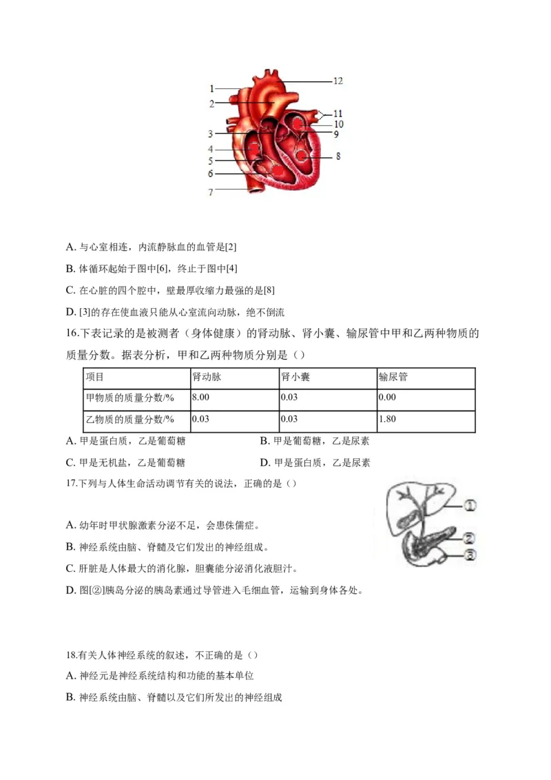 特训01选择题（20题）-（尖子生专用）（原卷版）_初中全科电子版试卷练习试题_生物_生物人教版7下练习_人教生物7年级下专项练习16份