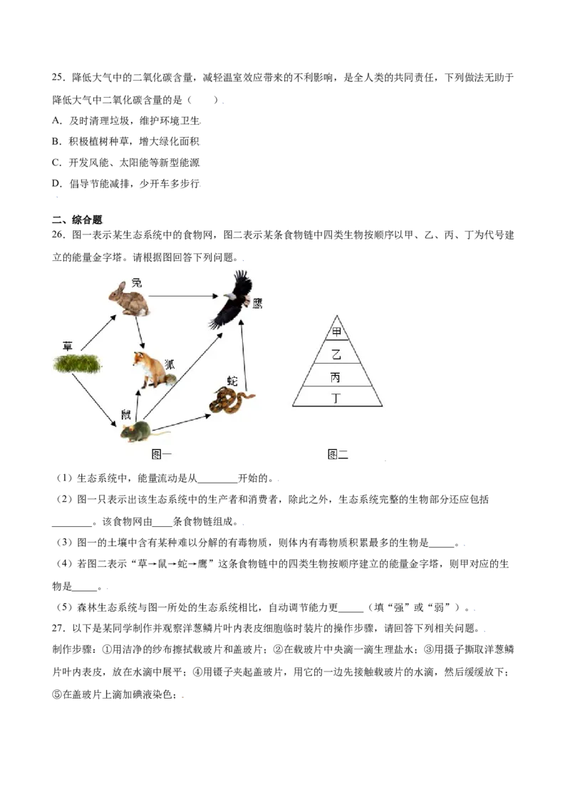 期末冲刺卷（一）-（人教版）（原卷版）_初中全科电子版试卷练习试题_生物_生物人教版7上练习&mdash;24新版已更新_人教生物7年级上期末试卷11份