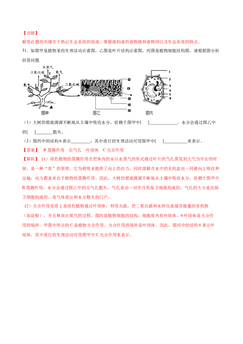 期末冲刺卷（二）-（人教版）（解析版）_初中全科电子版试卷练习试题_生物_生物人教版7上练习&mdash;24新版已更新_人教生物7年级上期末试卷11份