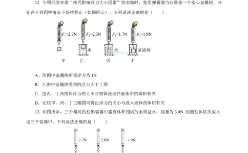 10.1浮力（分层作业）-八年级物理下册同步备课系列（人教版）原卷版_初物_2024人教版初中物理八九年级上下册课件教案PPT试题电子版资料_八年级下册试卷_专项练习