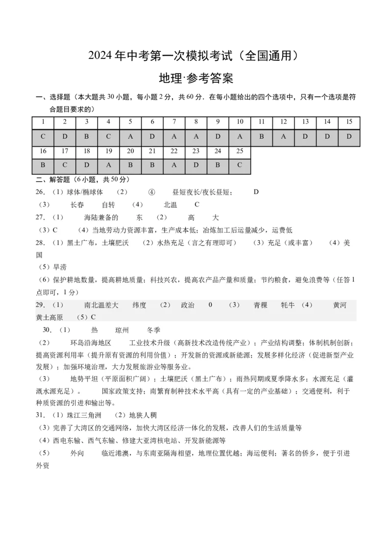 地理（全国通用）（参考答案及评分标准）_初中全科电子版试卷练习试题_地理_2024中考模拟题地理(1)_一模_地理（全国通用）-2024年中考第一次模拟考试