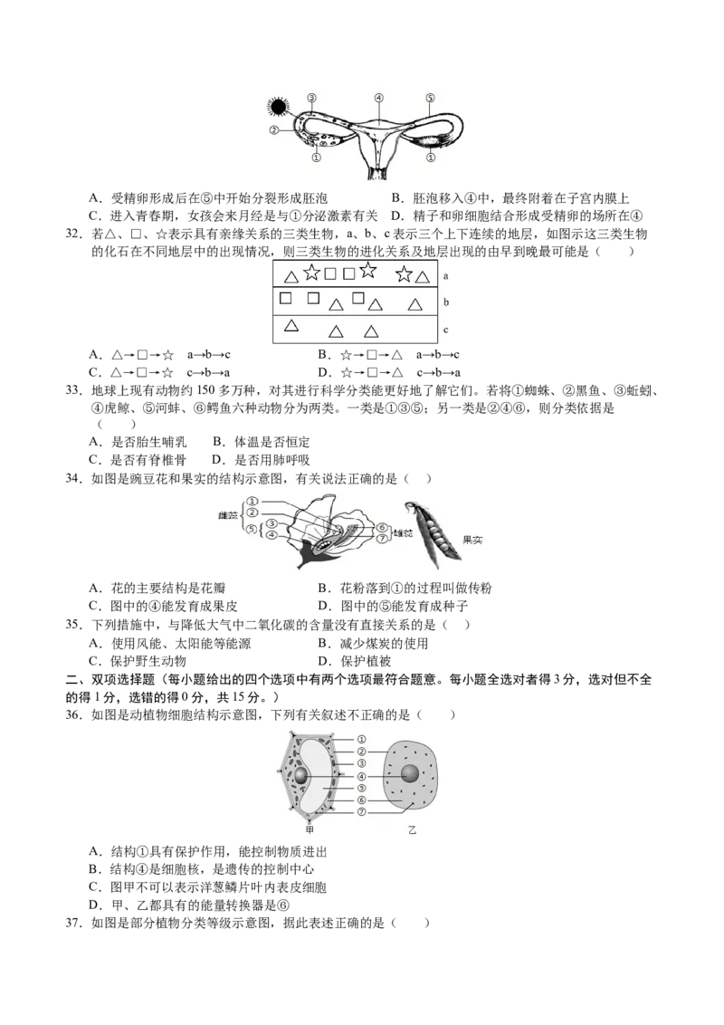 生物（苏州卷）（考试版A4）_初中全科电子版试卷练习试题_生物_2024中考模拟题生物(1)_二模_生物（苏州卷）-：2024年中考第二次模拟考试