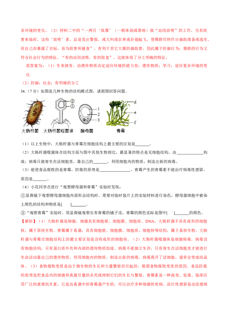 八年级上册生物期中测试02（解析版）_初中全科电子版试卷练习试题_生物_生物8上练习_人教生物8年级上期中试卷08份
