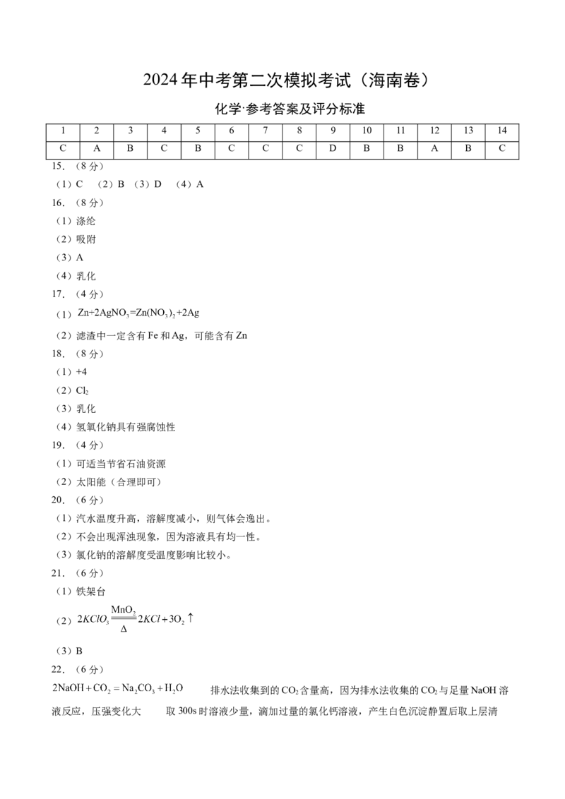 化学（海南卷）（参考答案及评分标准）(1)_初中全科电子版试卷练习试题_化学_2024中考模拟题化学(1)_二模_化学（海南卷）-：2024年中考第二次模拟考试