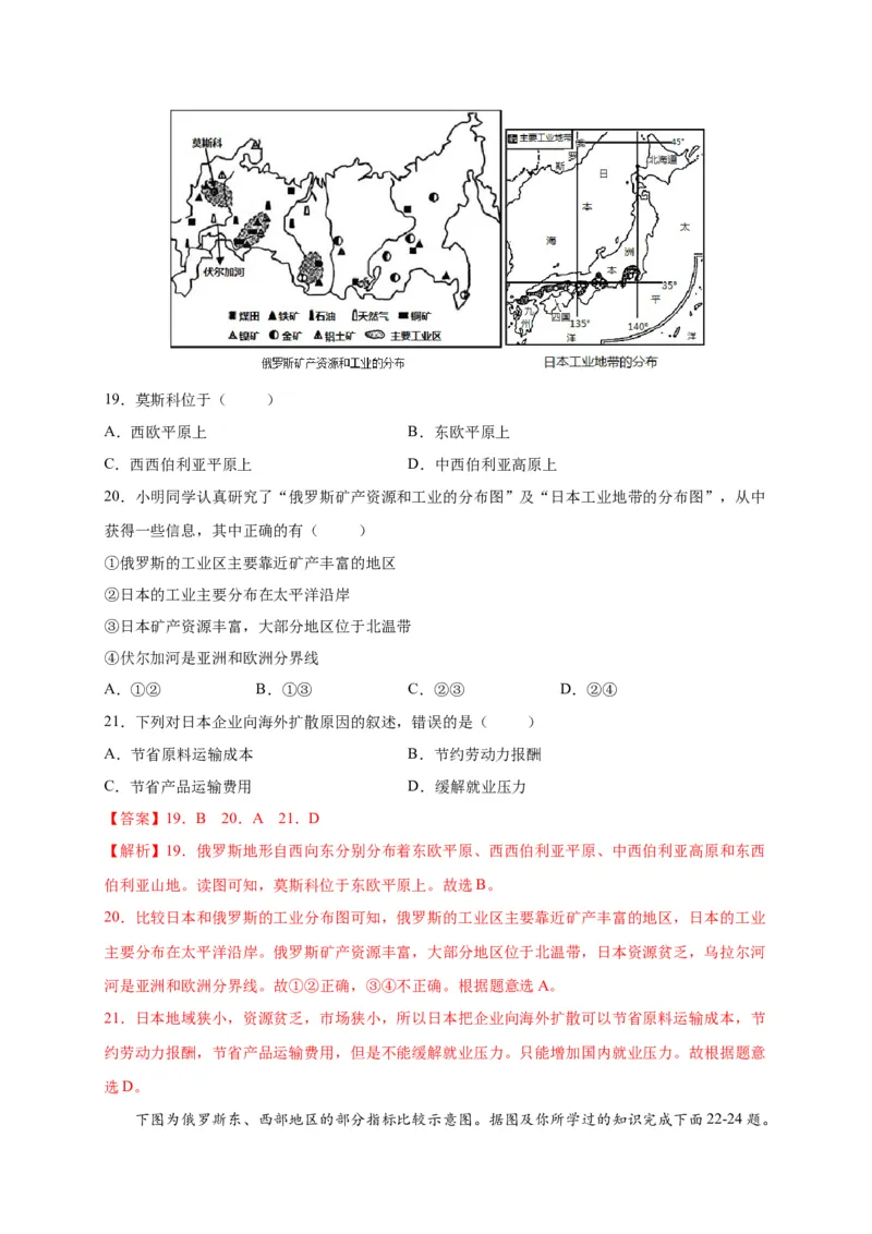 第七章我们邻近的地区和国家（提分小卷）-单元测试2021-2022学年七年级地理下册尖子生选拔卷（人教版）（解析版）_初中全科电子版试卷练习试题_地理_人教地理7下试题试卷