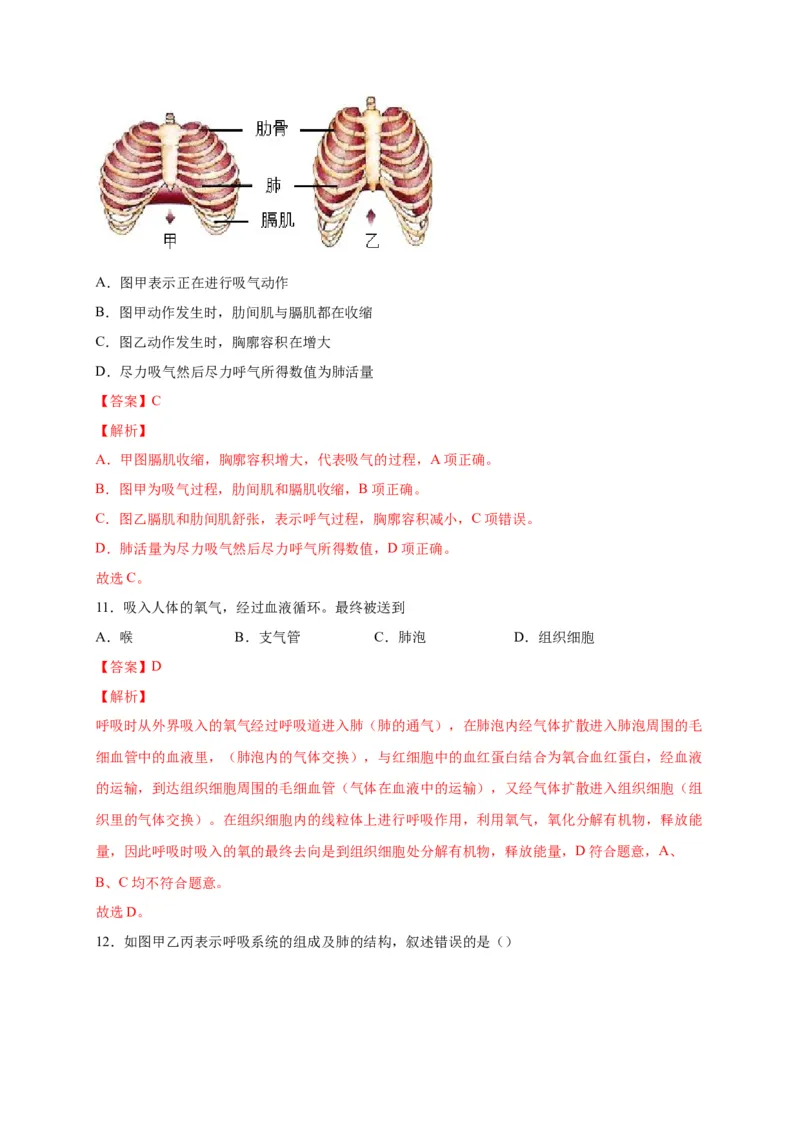 第三单元人体的呼吸（选拔卷）-单元测试（人教版）（解析版）_初中全科电子版试卷练习试题_生物_生物人教版7下练习_人教生物7年级下单元试卷33份
