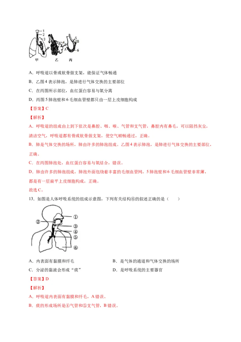 第三单元人体的呼吸（选拔卷）-单元测试（人教版）（解析版）_初中全科电子版试卷练习试题_生物_生物人教版7下练习_人教生物7年级下单元试卷33份