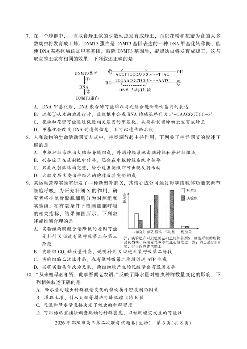 2026年邵阳市高三第二次联考试题生物_2024-2026高三（6-6月题库）_2026年03月高三试卷_260321湖南省2026年邵阳市高三第二次联考（全科）_2026年邵阳市高三第二次联考试题生物