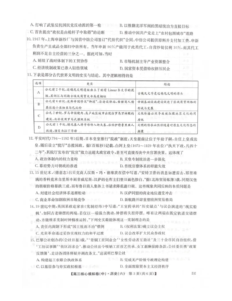2025-2026学年度普集高中高三模拟考试历史试题_2024-2026高三（6-6月题库）_2026年04月高三试卷_260408九师联盟2025-2026学年高三核心模拟卷中（六）（全科）