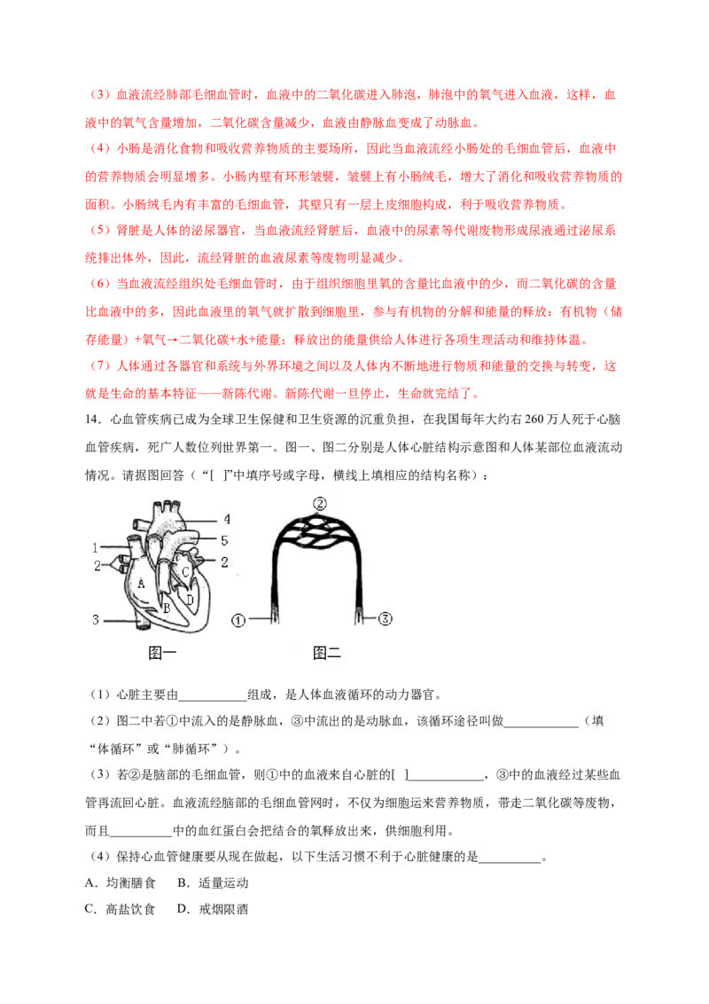 第四单元人体内物质的运输（提分小卷）-单元测试（人教版）（解析版）_初中全科电子版试卷练习试题_生物_生物人教版7下练习_人教生物7年级下单元试卷33份