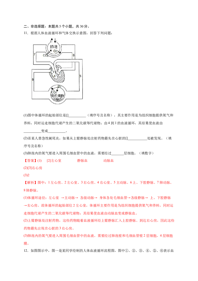 第四单元人体内物质的运输（提分小卷）-单元测试（人教版）（解析版）_初中全科电子版试卷练习试题_生物_生物人教版7下练习_人教生物7年级下单元试卷33份