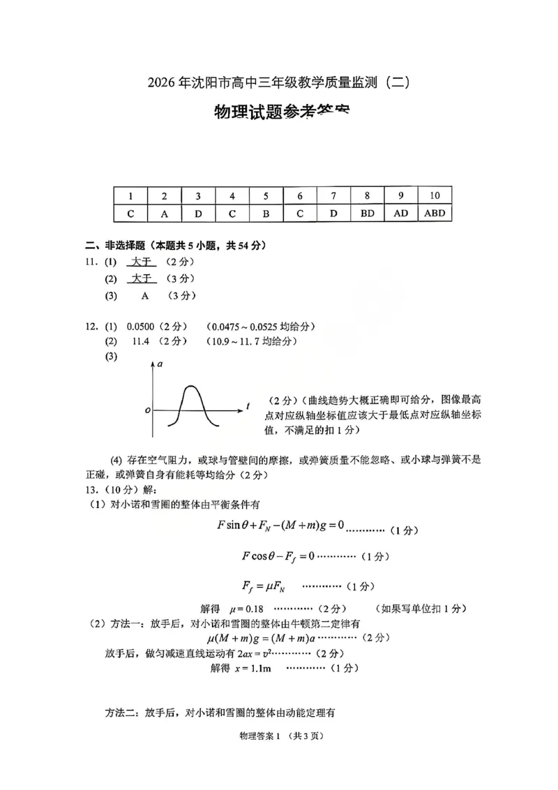 2026.4沈阳高三二模物理试卷+答案_2024-2026高三（6-6月题库）_2026年04月高三试卷_260411辽宁省沈阳市2026年高三下学期教学质量监测（二）（全科）