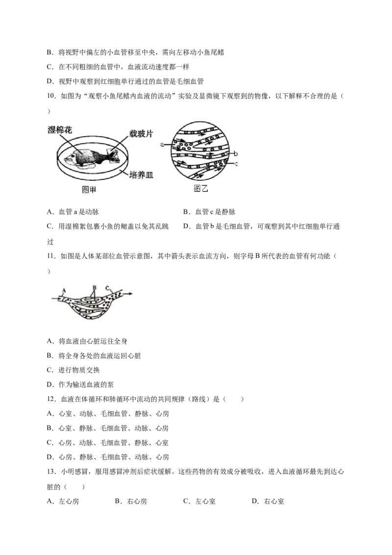 第四章人体内物质的运输（能力提升）-（人教版）（原卷版）_初中全科电子版试卷练习试题_生物_生物人教版7下练习_人教生物7年级下单元试卷33份