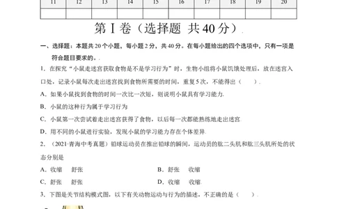 第五单元（第二章）动物的运动和行为（选拔卷）-（人教版）（原卷版）_初中全科电子版试卷练习试题_生物_生物8上练习_人教生物8年级上单元试卷48份