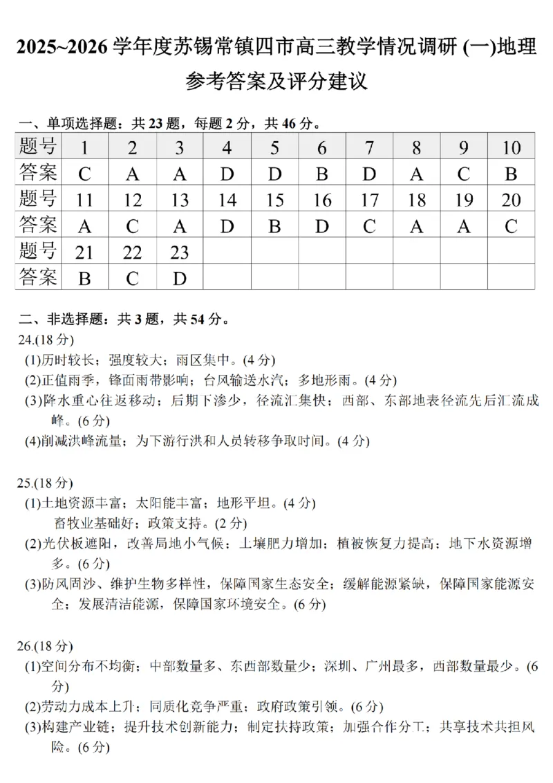 2026届江苏省苏锡常镇四市高三一模教学情况调研（一）地理试题（含答案）_2024-2026高三（6-6月题库）_2026年03月高三试卷