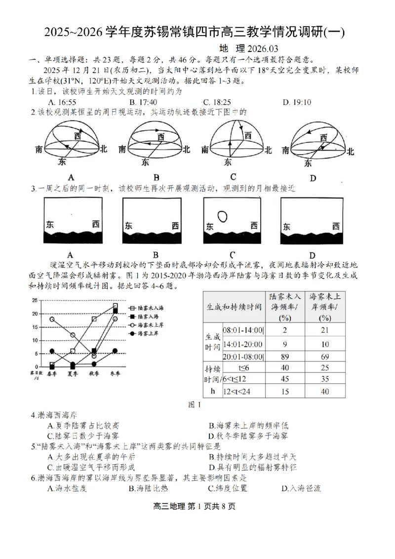 2026届江苏省苏锡常镇四市高三一模教学情况调研（一）地理试题（含答案）_2024-2026高三（6-6月题库）_2026年03月高三试卷