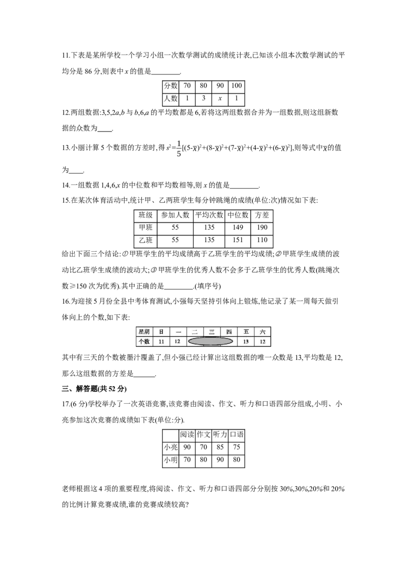 第二十章数据的分析-八年级数学下册单元能力提升检测（人教版）(28054249)_初中全科电子版试卷练习试题_数学_8下初中人教版数学练习、试卷_人教数学八年级下单元试卷（039份）