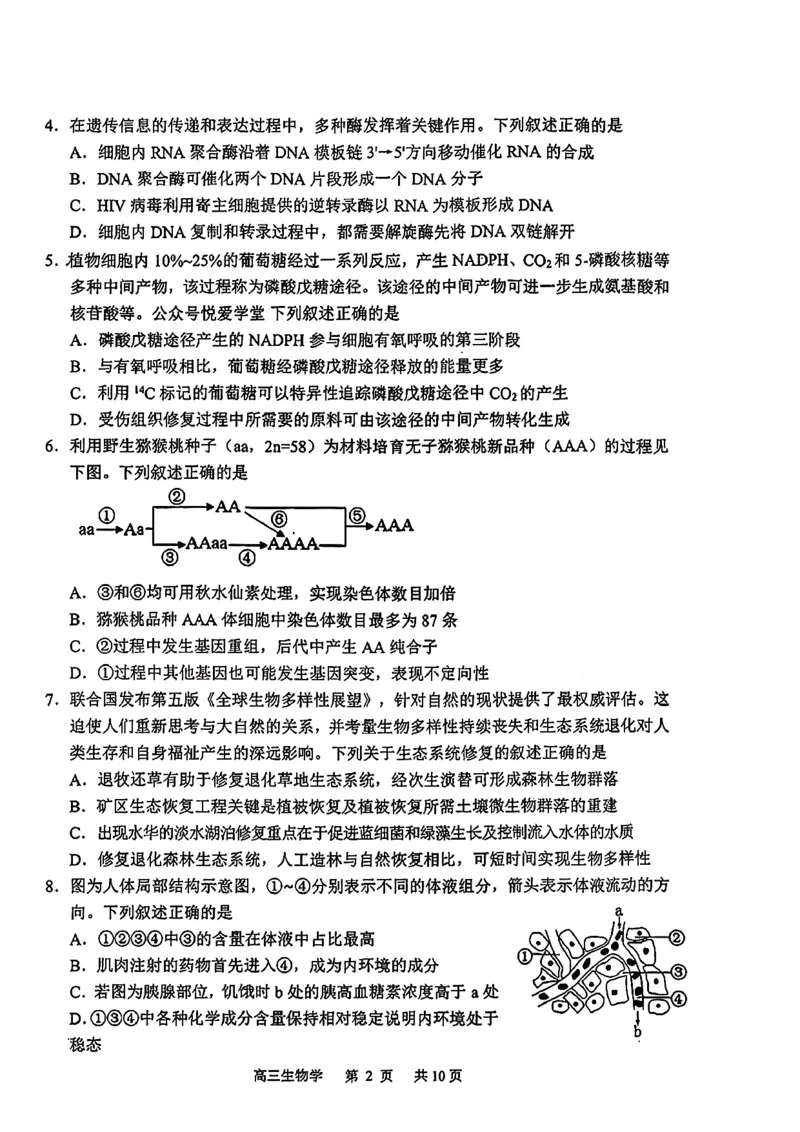 2026届吉林省延边州高三3月教学质量检测生物（含答案）_2024-2026高三（6-6月题库）_2026年03月高三试卷_2603152026届吉林省延边州高三3月教学质量检测（全科）