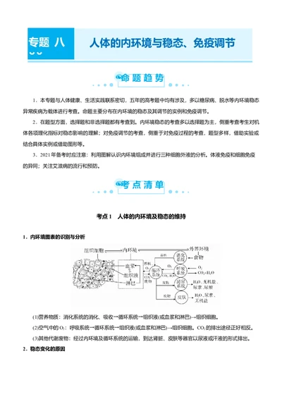 原创（新高考）2021届高考二轮精品专题八人体的内环境与稳态、免疫调节学生版_新高考复习资料_2021年新高考资料_2021届（新高考）生物二轮精品专题