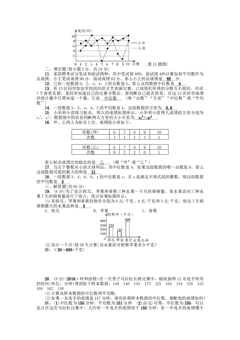 第二十章检测题_初中全科电子版试卷练习试题_数学_8下初中人教版数学练习、试卷_人教数学八年级下单元试卷（039份）_全章检测题（试题含答案）（共5份）