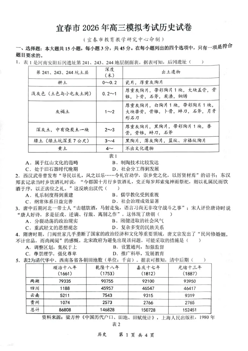 2026届江西宜春市高三下学期二模考试历史试卷_2024-2026高三（6-6月题库）_2026年04月高三试卷_260414江西省宜春市2026届高三二模考试_江西省宜春市2026届高三模拟考试历史试卷