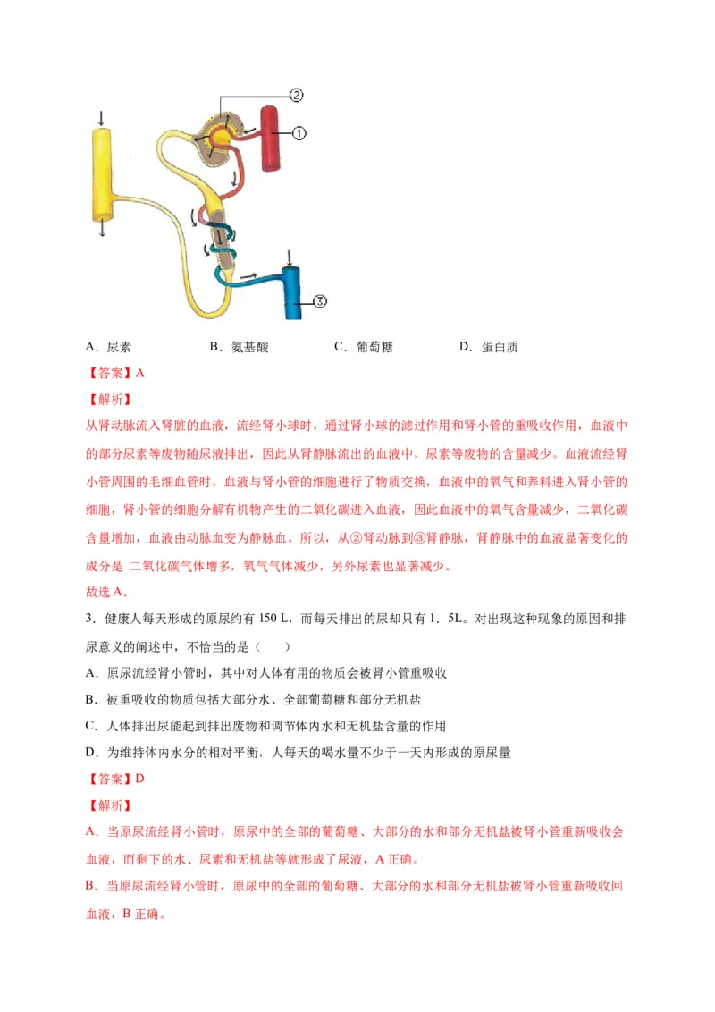 第五单元人体内废物的排出（选拔卷）-单元测试（人教版）（解析版）_初中全科电子版试卷练习试题_生物_生物人教版7下练习_人教生物7年级下单元试卷33份