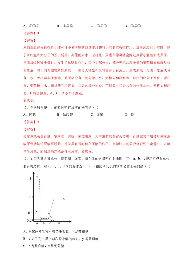 第五单元人体内废物的排出（选拔卷）-单元测试（人教版）（解析版）_初中全科电子版试卷练习试题_生物_生物人教版7下练习_人教生物7年级下单元试卷33份