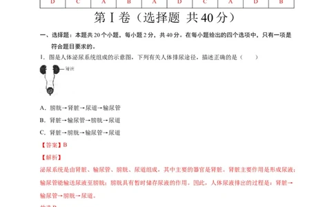 第五单元人体内废物的排出（选拔卷）-单元测试（人教版）（解析版）_初中全科电子版试卷练习试题_生物_生物人教版7下练习_人教生物7年级下单元试卷33份