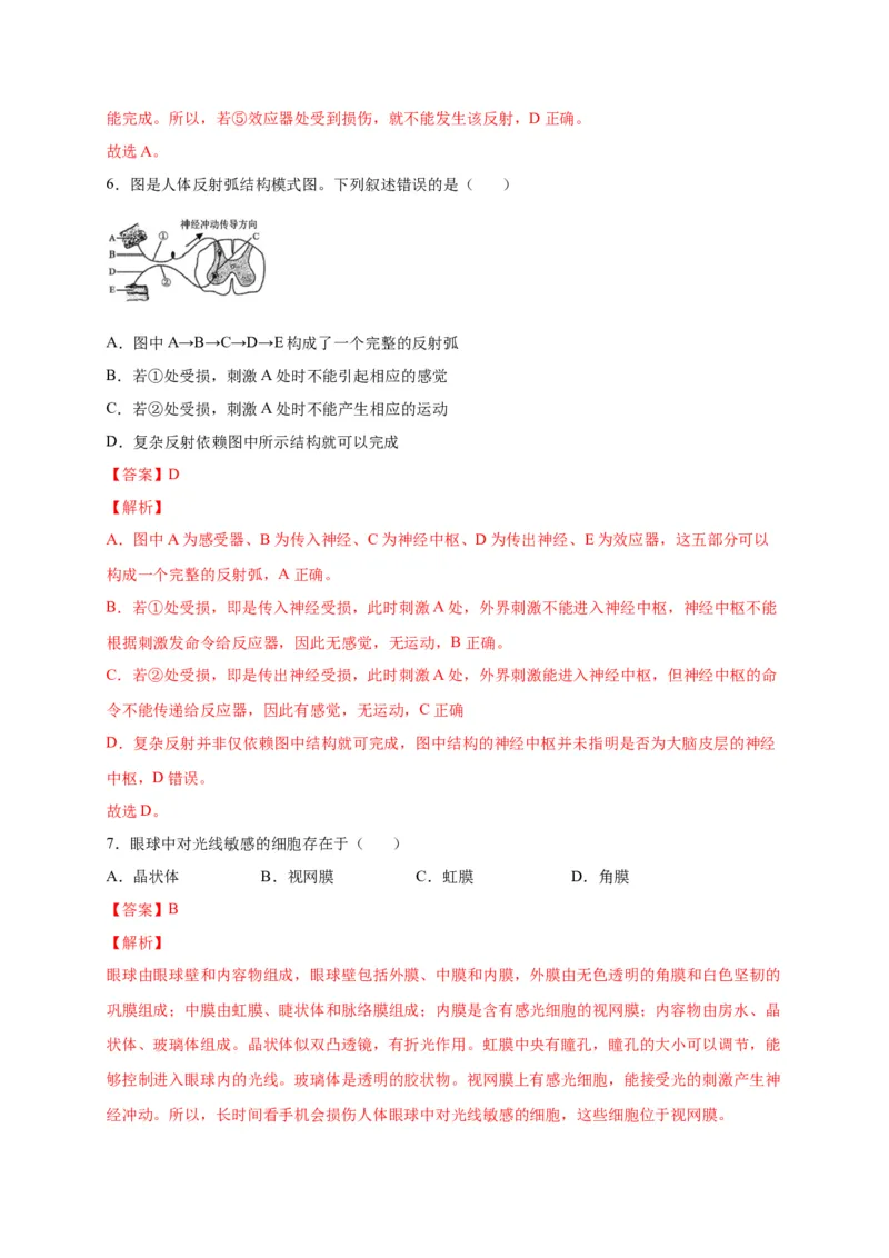 第六单元人体生命活动的调节（选拔卷）-单元测试（人教版）（解析版）_初中全科电子版试卷练习试题_生物_生物人教版7下练习_人教生物7年级下单元试卷33份