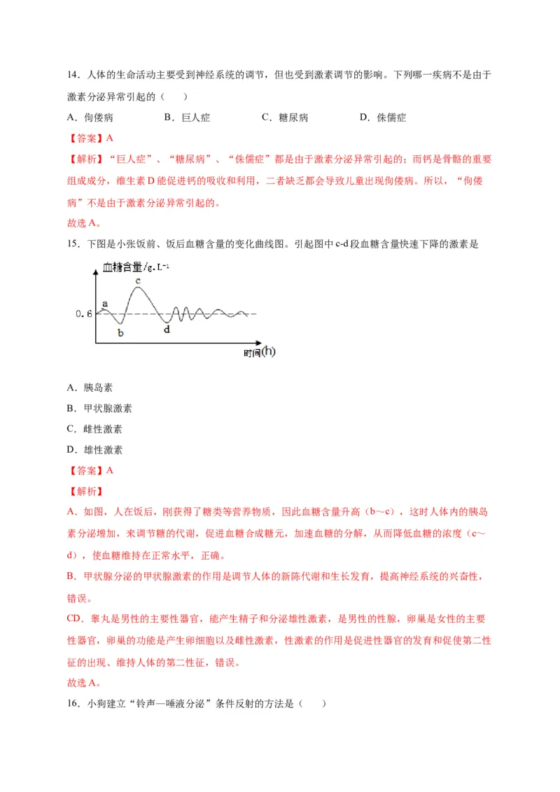 第六单元人体生命活动的调节（选拔卷）-单元测试（人教版）（解析版）_初中全科电子版试卷练习试题_生物_生物人教版7下练习_人教生物7年级下单元试卷33份