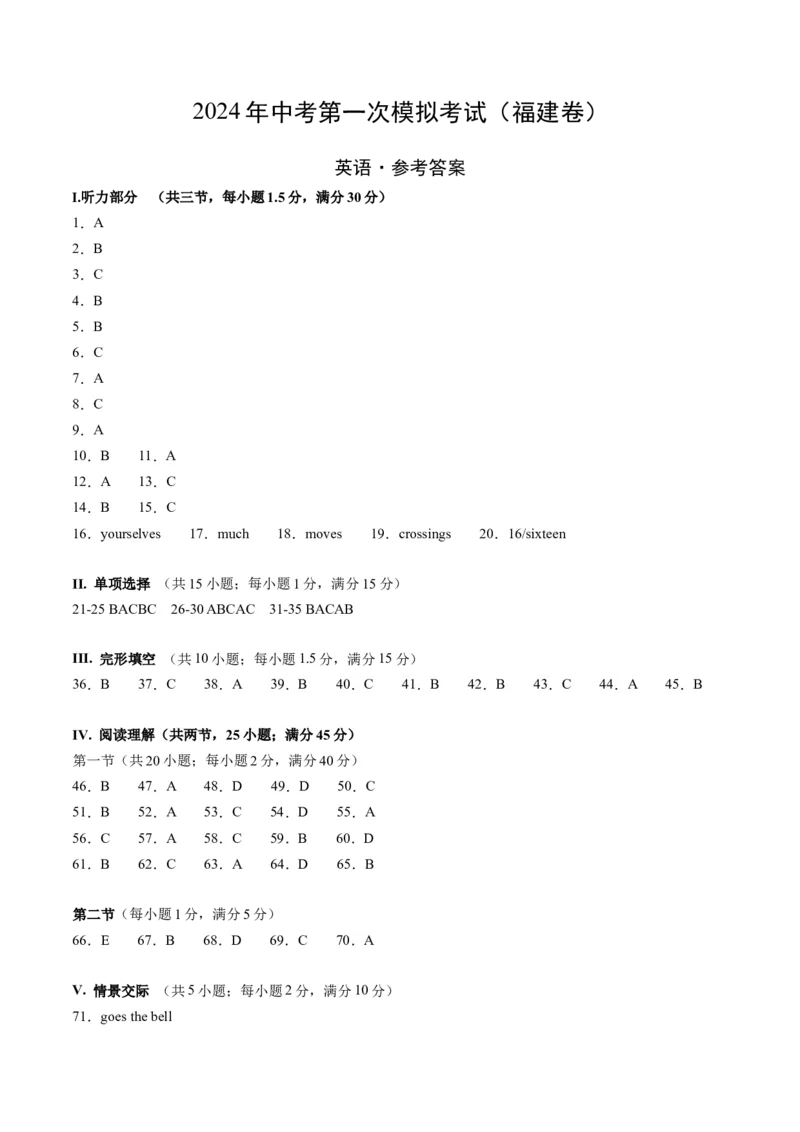 英语（福建卷）（参考答案及评分标准）_初中全科电子版试卷练习试题_英语_2024中考模拟题英语(1)_一模_英语（福建卷，含听力MP3）-2024年中考第一次模拟考试