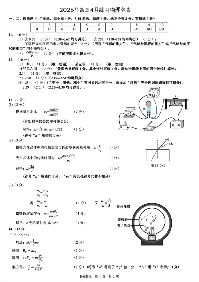 2026届高三4月练习物理答案_2024-2026高三（6-6月题库）_2026年04月高三试卷_260419广东省惠州市、韶关市2026届高三下学期4月模拟考试（全科）_物理