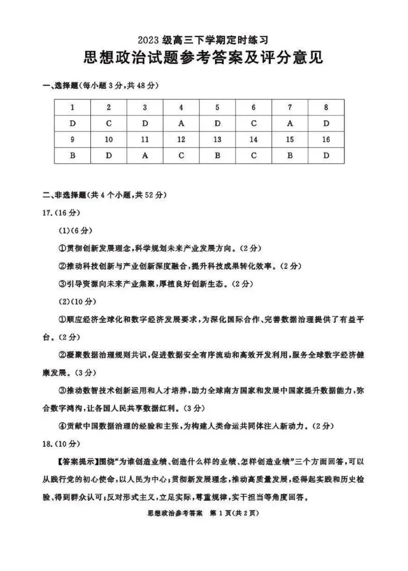 2023级高三下学期定时练习政治答案_2024-2026高三（6-6月题库）_2026年04月高三试卷_260430成都市2026年高三下学期4月定时练习（成都三诊）（全科）