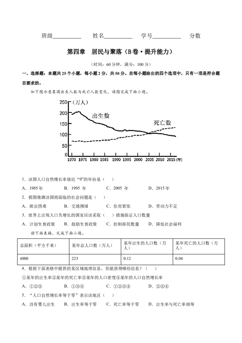 第四章居民与聚落（B卷提升能力）-七年级地理上册同步单元AB卷（人教版）（原卷版）_初中全科电子版试卷练习试题_地理_人教地理7上试题试卷_人教地理7年级上单元测试34份