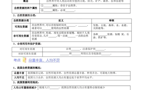 第三章中国的自然资源（考点梳理卷）难度分层2022-2023学年八年级地理上册（人教版）（原卷版）_初中全科电子版试卷练习试题_地理_人教地理8上试题试卷_第1套单元测试