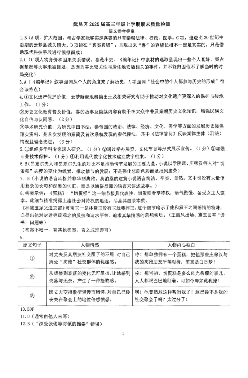 2026届武昌区高三元调语文答案_2024-2026高三（6-6月题库）_2026年02月高三试卷_260201湖北省2026届武汉市武昌区元月高三期末考试（全科）