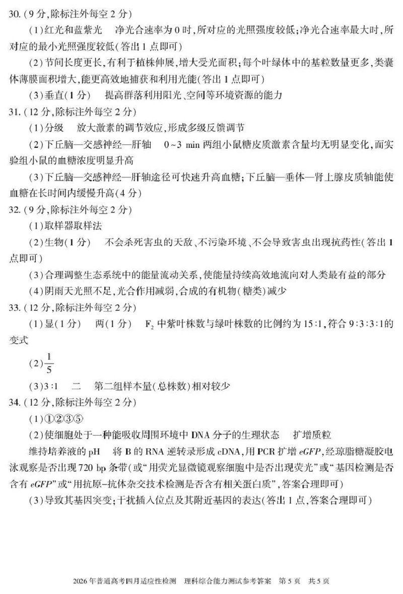 2026年普通高考四月适应性检测理综答案_2024-2026高三（6-6月题库）_2026年04月高三试卷_260410新疆2026届高三下学期四月适应性检测（全科）