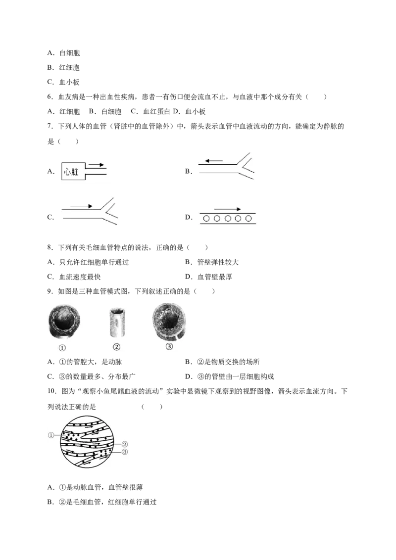 第四章人体内物质的运输（基础过关）-（人教版）（原卷版）_初中全科电子版试卷练习试题_生物_生物人教版7下练习_人教生物7年级下单元试卷33份