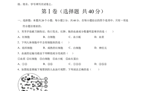第四章人体内物质的运输（基础过关）-（人教版）（原卷版）_初中全科电子版试卷练习试题_生物_生物人教版7下练习_人教生物7年级下单元试卷33份