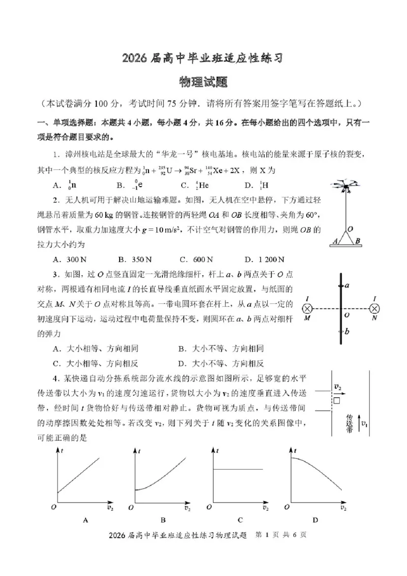 2026届福建高三4月省质检物理试题_2024-2026高三（6-6月题库）_2026年04月高三试卷_260410福建省2026届高中毕业班适应性练习（省质检）_福建省2026届高中毕业班适应性练习（漳州）物理