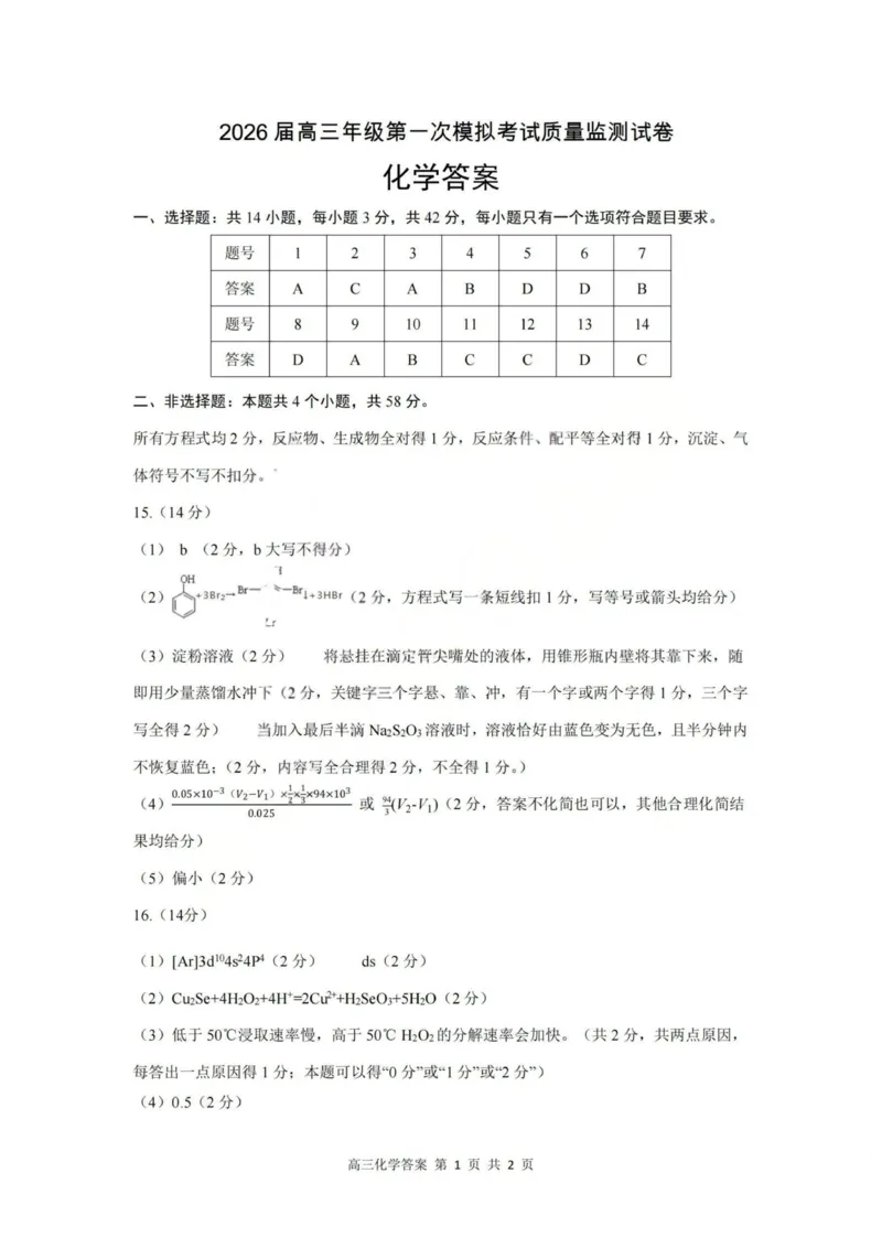 2026届高三年级第一次模拟考试质量监测试卷化学答案_2024-2026高三（6-6月题库）_2026年03月高三试卷_260311山西省2026届高三年级第一次模拟考试质量监测（全科）