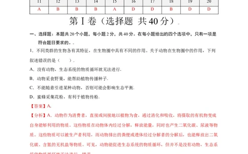 第五单元（第三章）动物在生物圈中的作用（选拔卷）-（人教版）（解析版）_初中全科电子版试卷练习试题_生物_生物8上练习_人教生物8年级上单元试卷48份