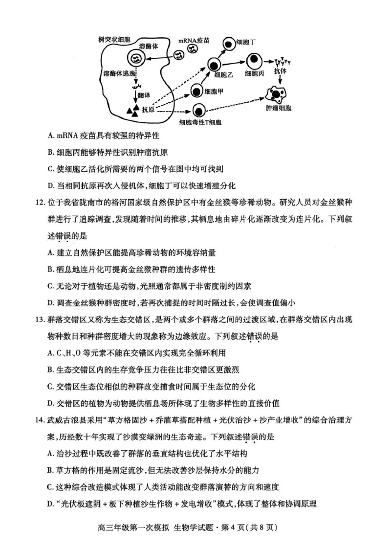 2026届甘肃省高三第一次模拟考试生物试题（含答案）_2024-2026高三（6-6月题库）_2026年03月高三试卷_260314甘肃省2026届高三第一次模拟考试
