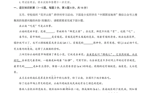 语文（云南卷）（考试版A4）_初中全科电子版试卷练习试题_语文_赠送：2024中考模拟题_二模_语文（云南卷）-：2024年中考第二次模拟考试