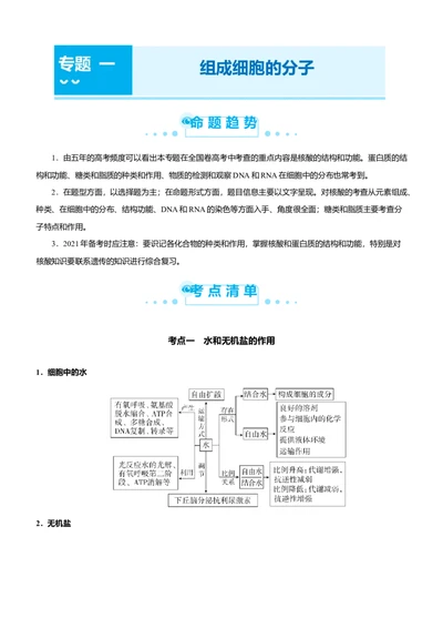 原创（新高考）2021届高考二轮精品专题一组成细胞的分子学生版_新高考复习资料_2021年新高考资料_2021届（新高考）生物二轮精品专题
