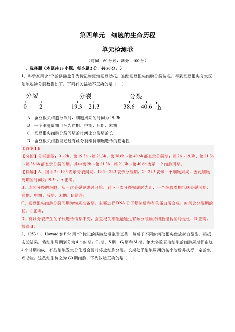 单元检测卷04细胞的生命历程（解析版）_新高考复习资料_2025年新高考资料_2025年高考生物一轮复习考点通关卷（新高考通用）